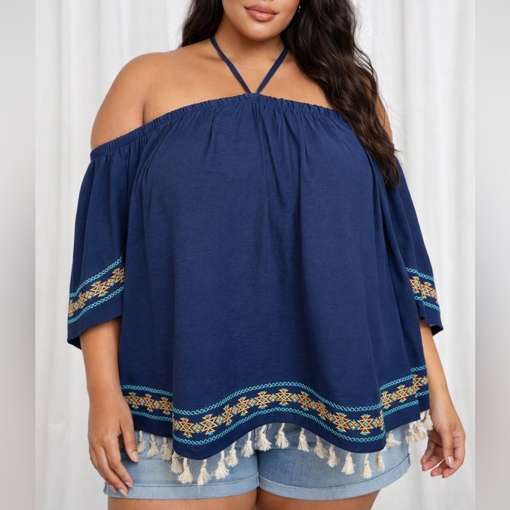 Hayden Los Angeles Navy Boho Off-Shoulder Top | Embroidered Tassel Hem (1163)